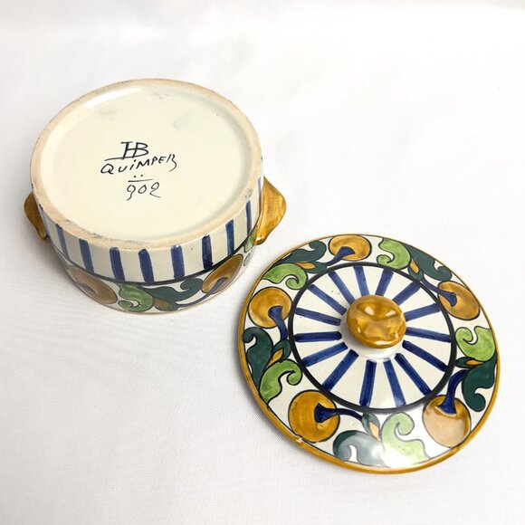 Quimper Faience Vintage Trinket Box Hand-Painted France Floral & Stripe Signed - Picture 5 of 7